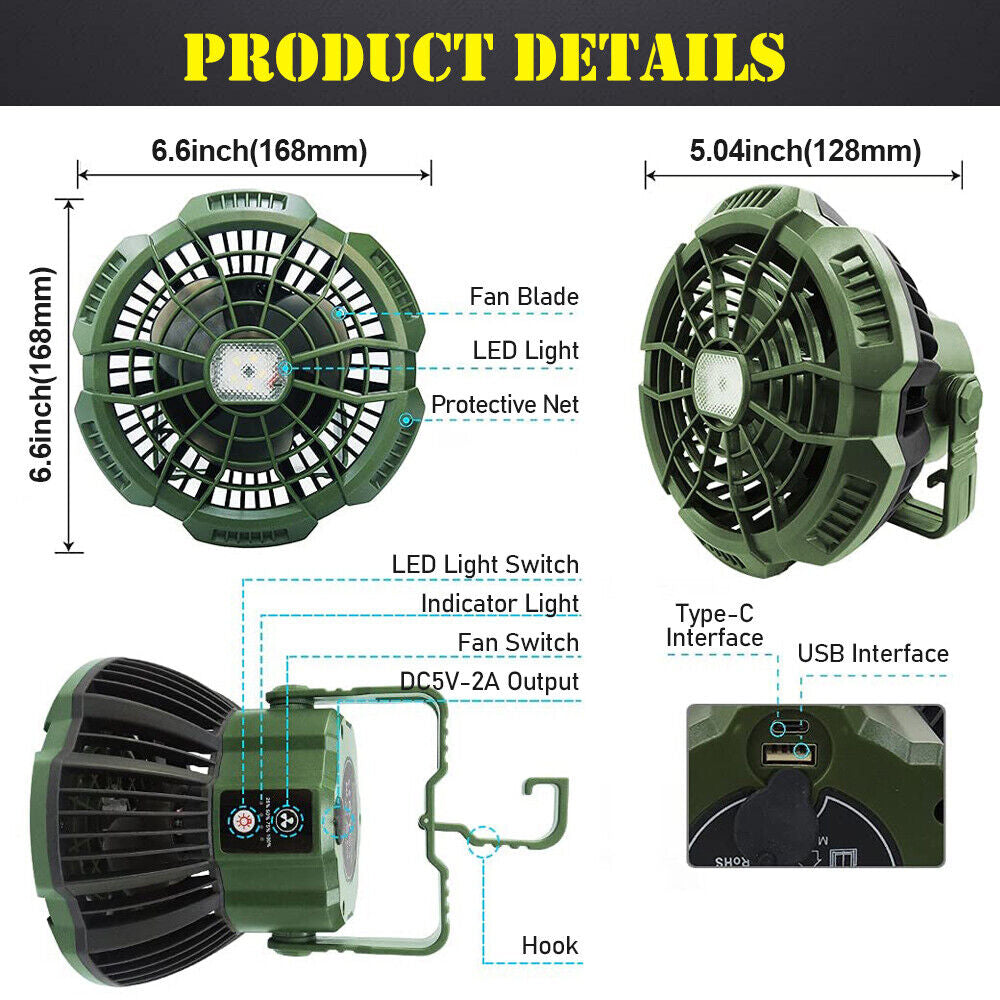 "2-in-1 Portable LED Tent Light and Fan for Camping and Outdoor Activities"