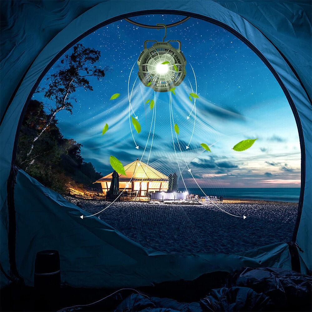 "2-in-1 Portable LED Tent Light and Fan for Camping and Outdoor Activities"