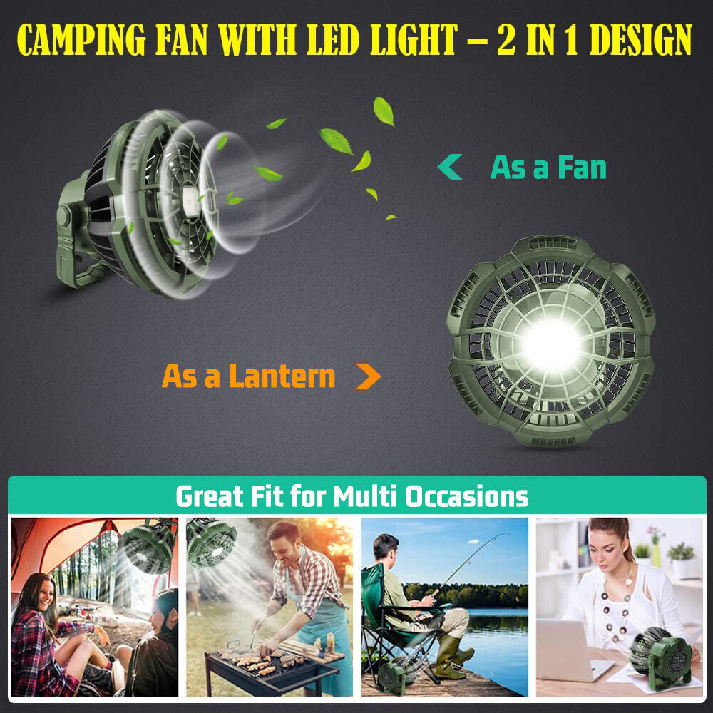 "2-in-1 Portable LED Tent Light and Fan for Camping and Outdoor Activities"