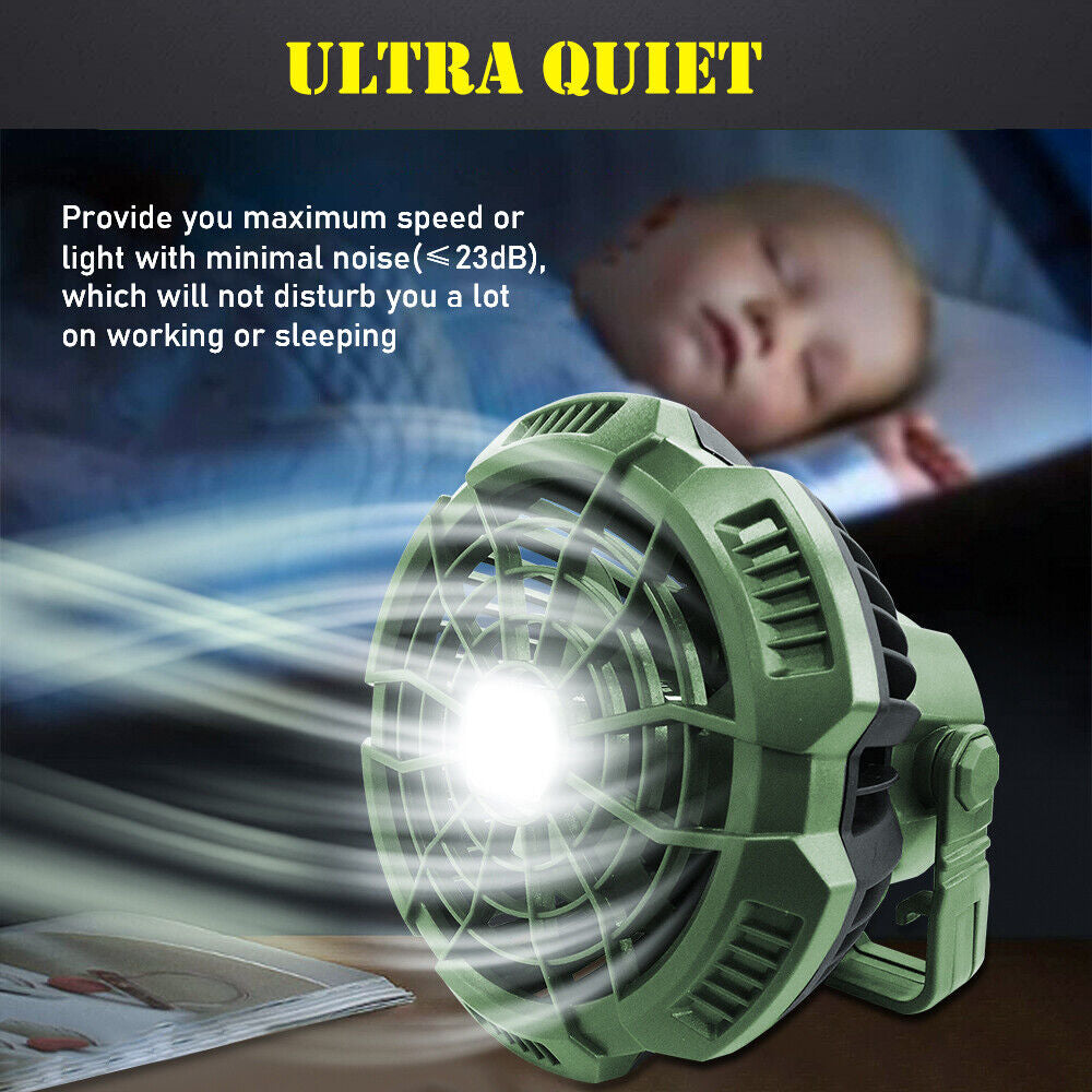 "2-in-1 Portable LED Tent Light and Fan for Camping and Outdoor Activities"